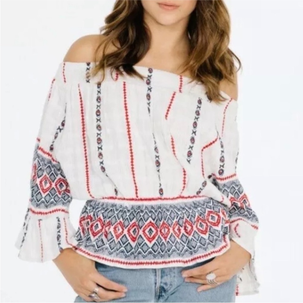 Anthropologie Raga Amalia Off Shoulder Cotton Gauze Peasant Top Ivory Blue Red M - Picture 10 of 11